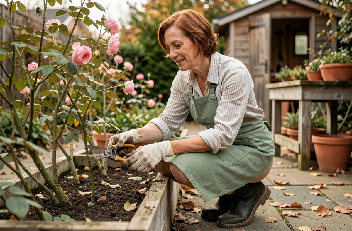 Femme jardinant avec un sécateur dans un potager surélevé en automne, portant un tablier en toile et des bottes de jardin