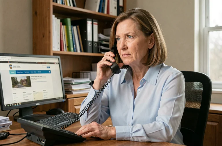 Femme au téléphone dans un bureau à domicile pour contacter les impôts par téléphone