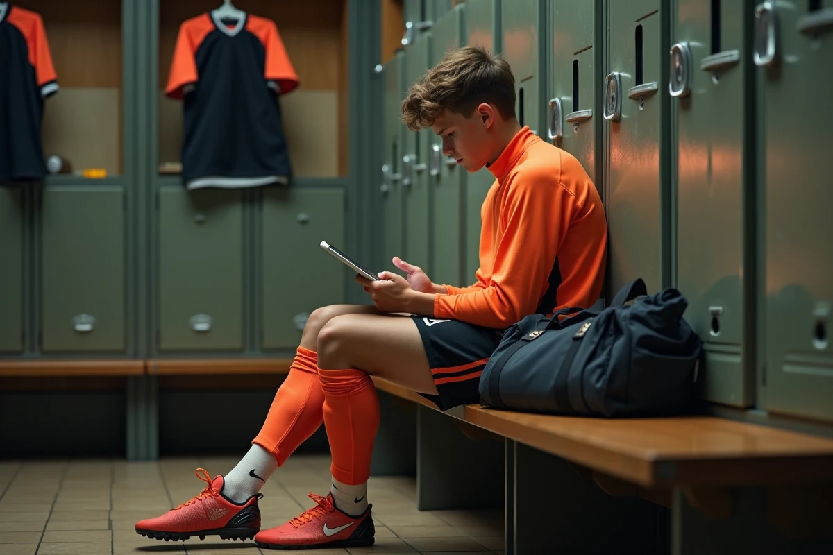 Young footballer consulting the Footclub FFF login guide on a tablet in a club locker room
