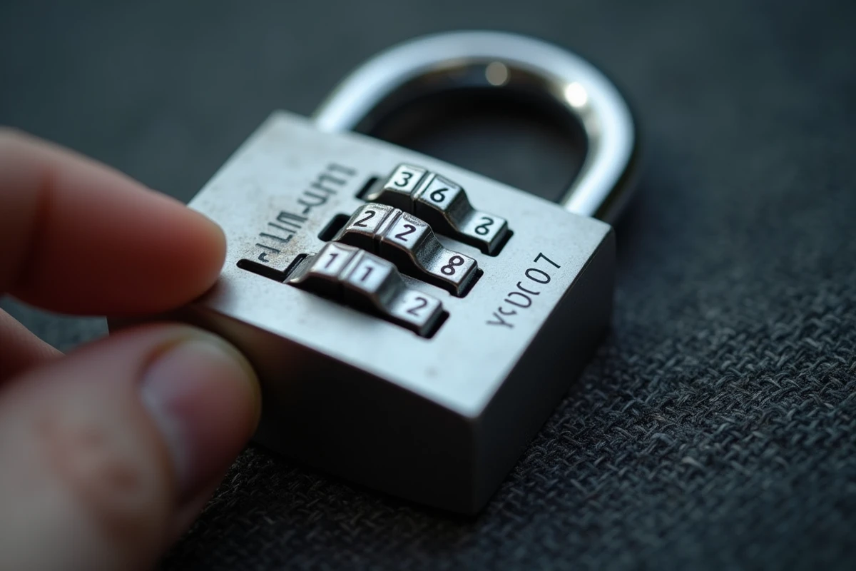 Gros plan sur les molettes numérotées d'un cadenas TSA007 en métal argenté posé sur une surface textile sombre