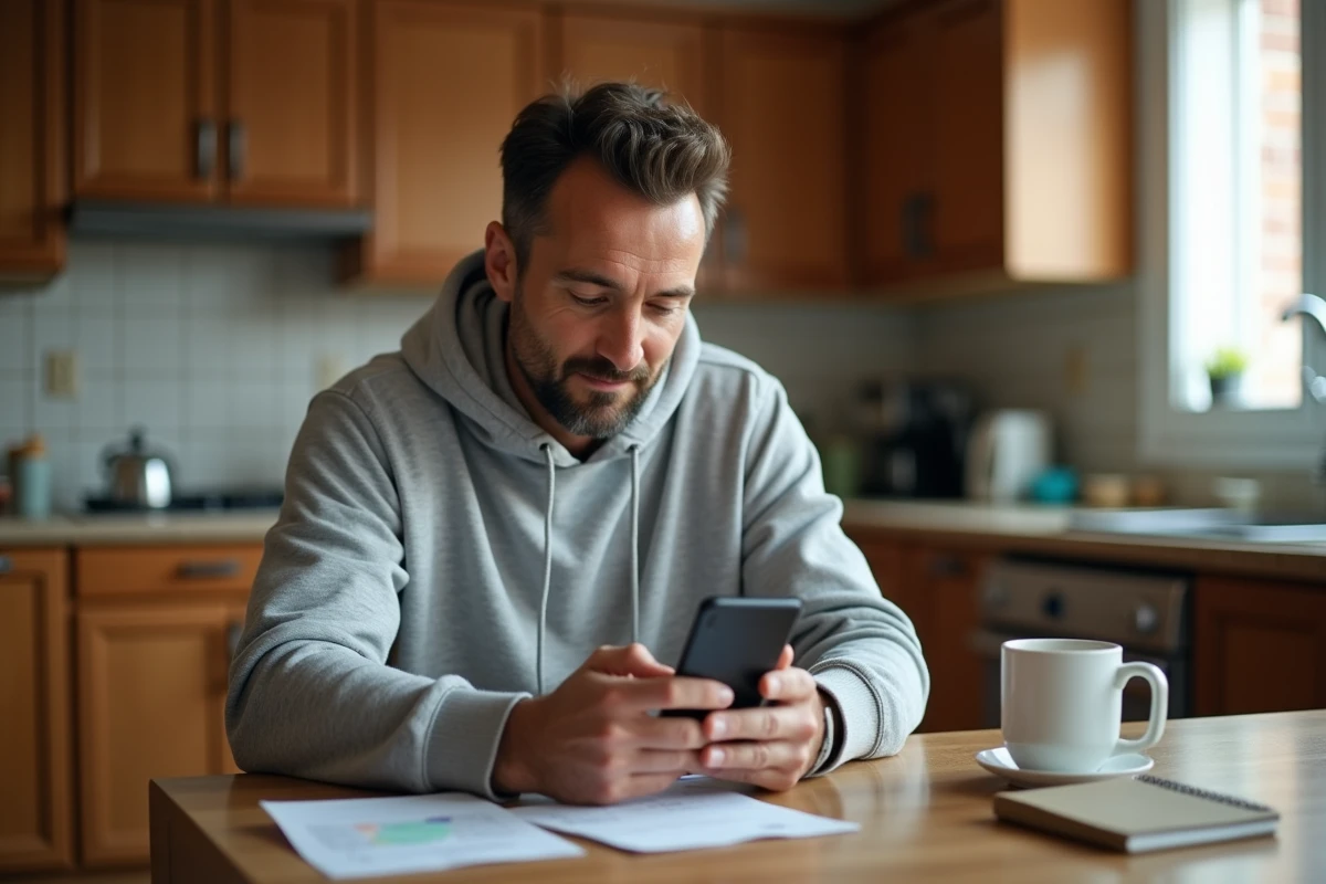 Homme utilisant une application de bons plans et coupons de réduction sur son smartphone dans sa cuisine