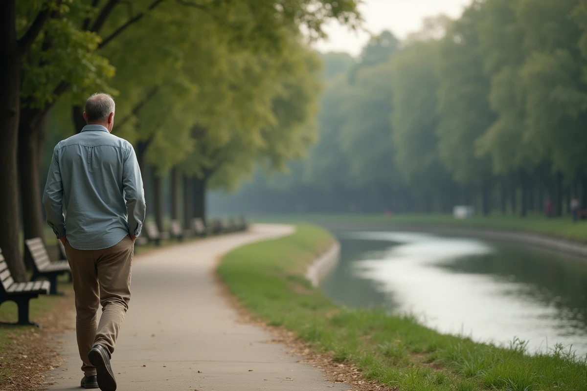 Homme en promenade paisible au bord de la rivière