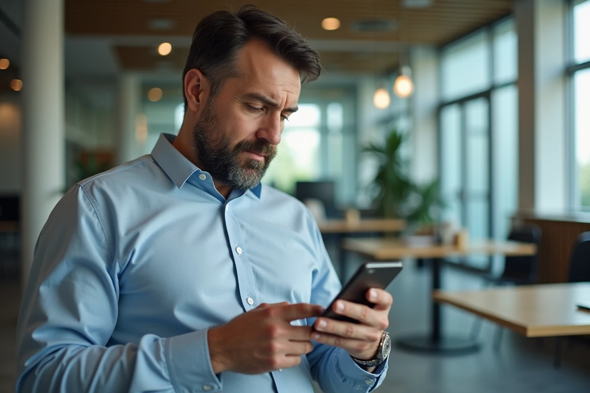 Homme vérifiant son application bancaire sur smartphone