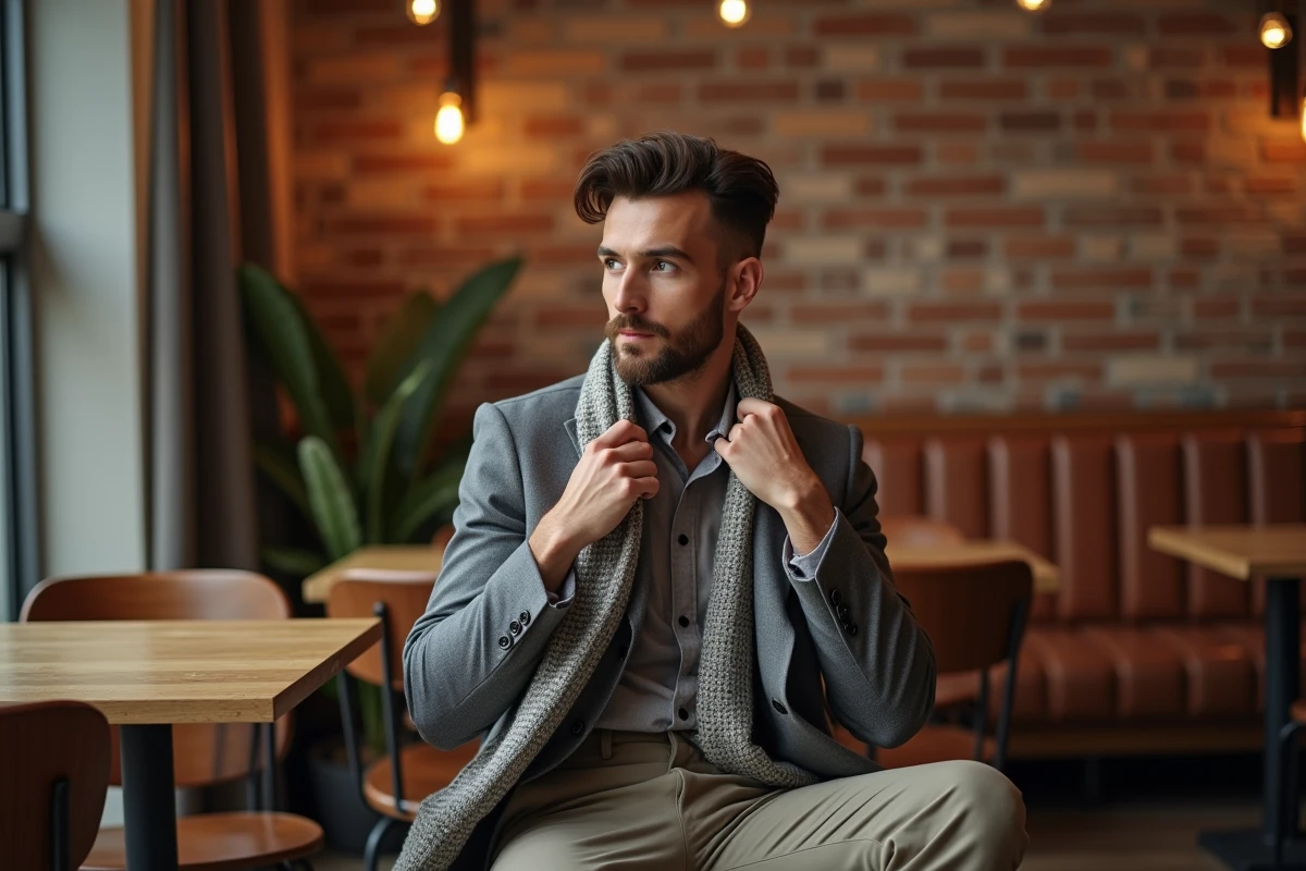 Homme en blazer ajusté au café intérieur