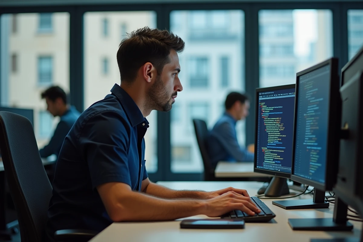 Homme consultant des astuces de dépannage de connexion sur un ordinateur de bureau en open space