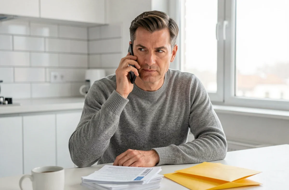 Homme consultant ses documents fiscaux tout en téléphonant au service des impôts