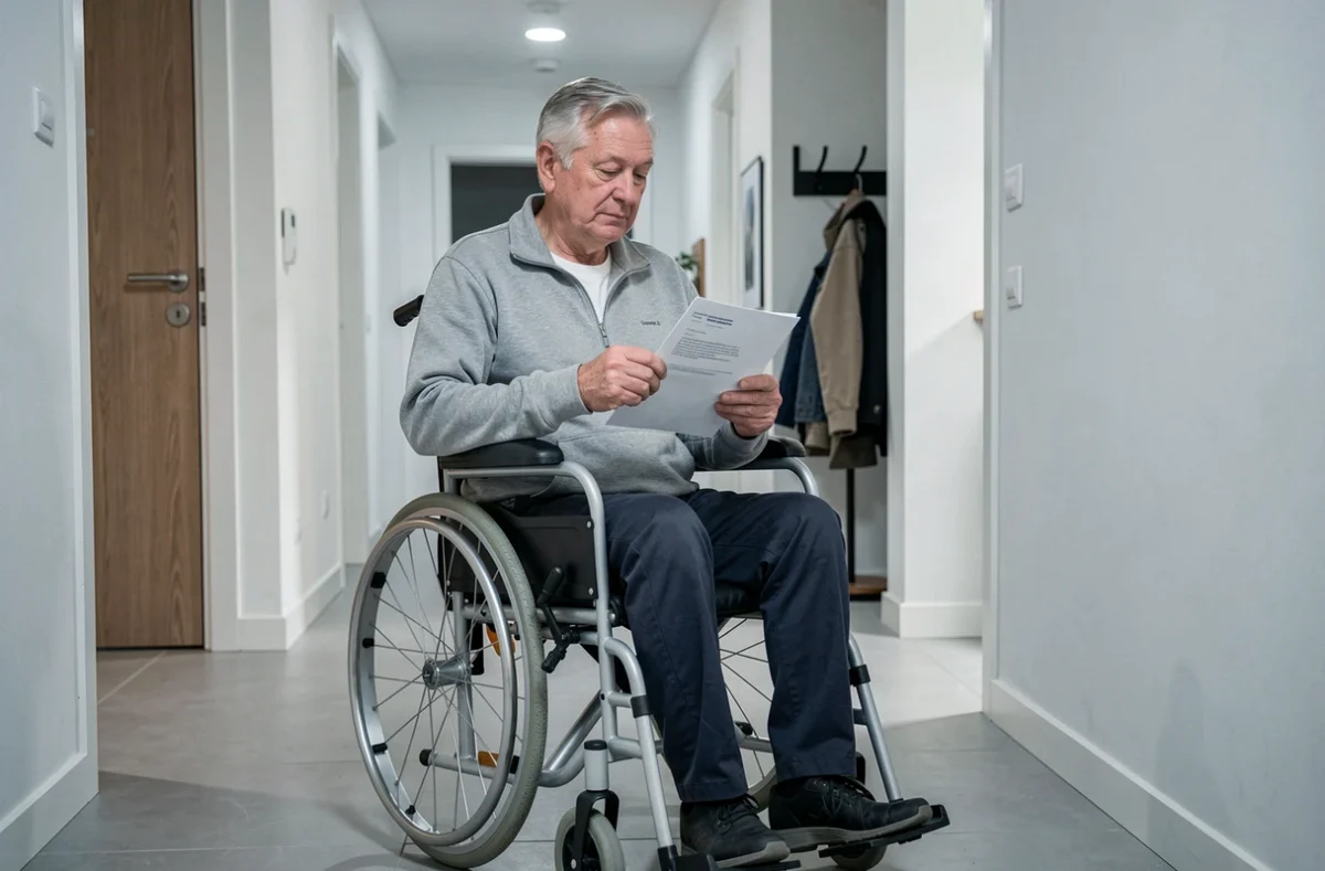 Homme en fauteuil roulant tenant une lettre d'exonération de taxe foncière pour handicap dans son appartement adapté