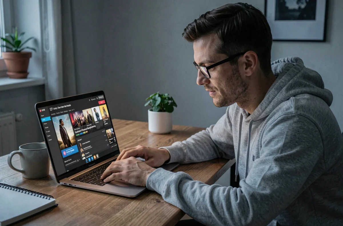 Homme regardant une série en VF sur son ordinateur portable dans un bureau à domicile
