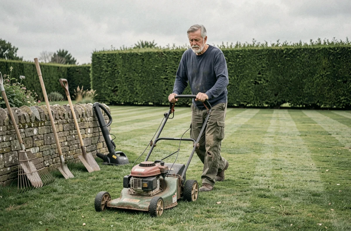 Homme tondant la pelouse avec une tondeuse manuelle dans un jardin anglais, entouré d'outils de jardinage essentiels