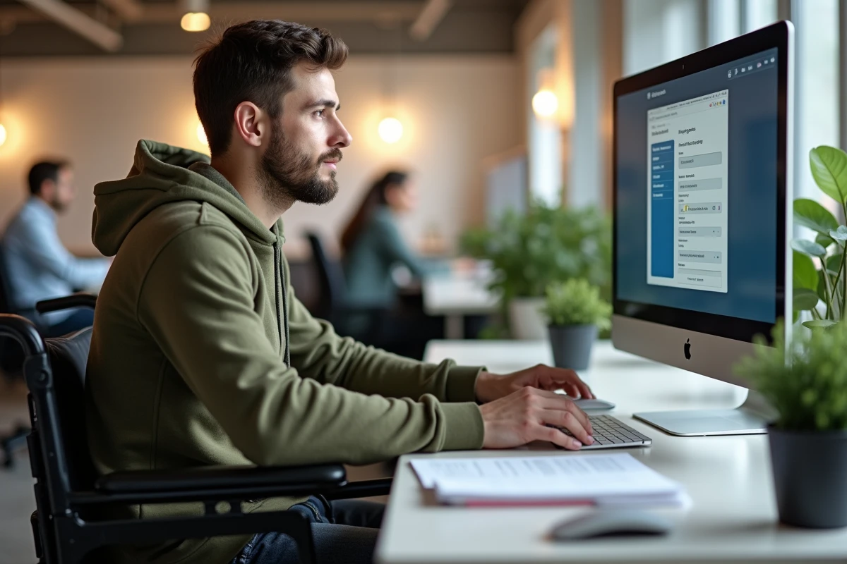Jeune homme en situation de handicap s'enregistrant sur un portail administratif en ligne dans un espace de travail moderne