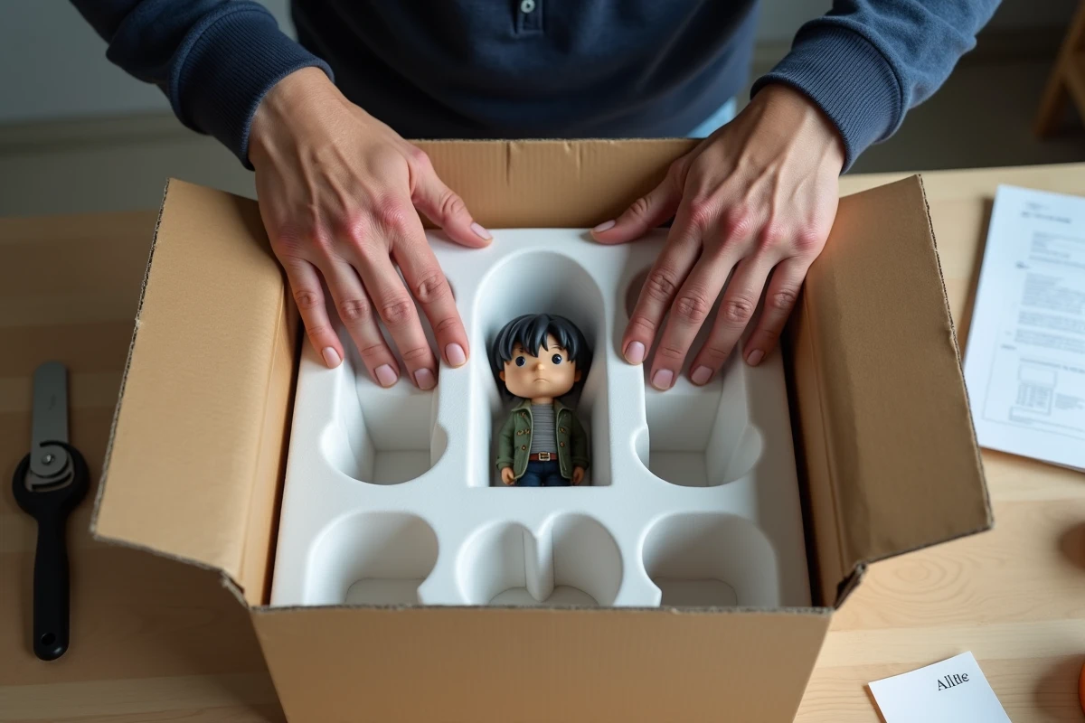 Mains d'un homme insérant une figurine de collection dans une boîte d'expédition rembourrée de mousse découpée sur mesure