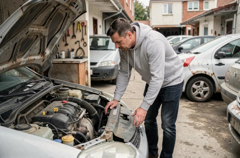 Un homme inspecte le moteur d'une voiture d'occasion dans un garage solidaire, illustration d'un achat de voiture fiable à petit prix