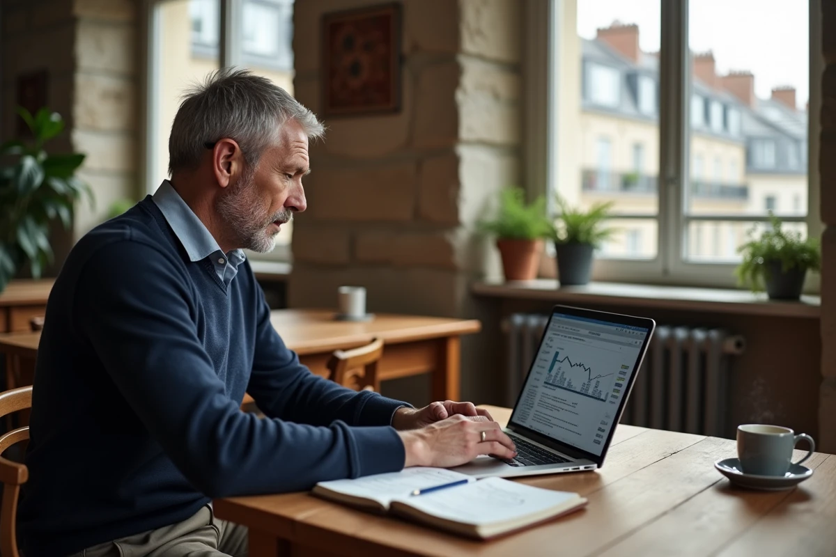 Homme analysant des données d'investissement immobilier sur un ordinateur portable dans un appartement parisien rénové
