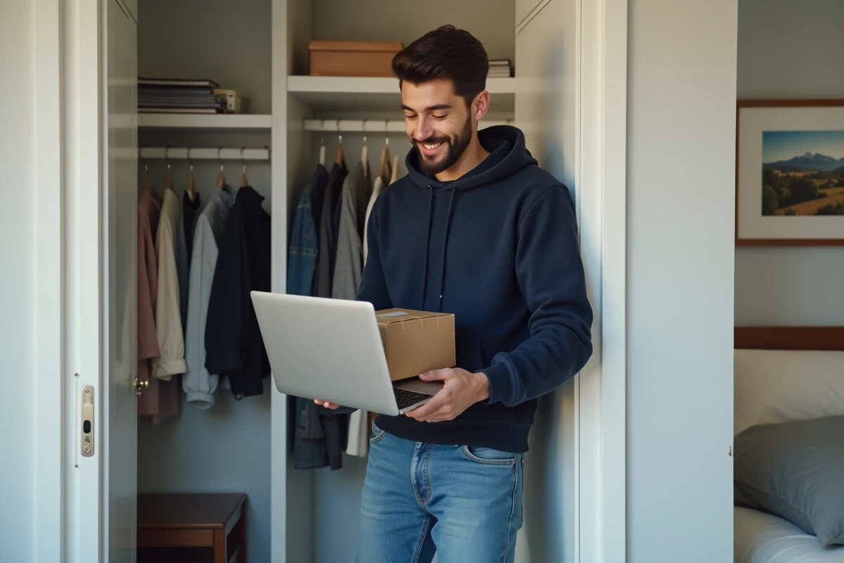 Jeune homme vérifiant sa réservation Vinted dans sa chambre