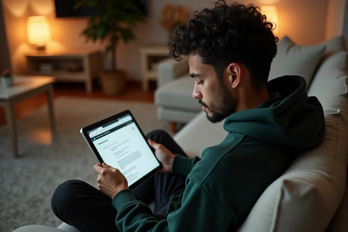 Jeune homme recherchant des solutions à un problème de connexion sur une tablette dans son salon