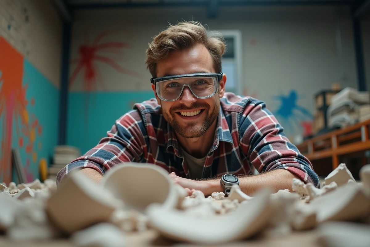 Jeune homme souriant parmi des céramiques cassées dans une salle de rage