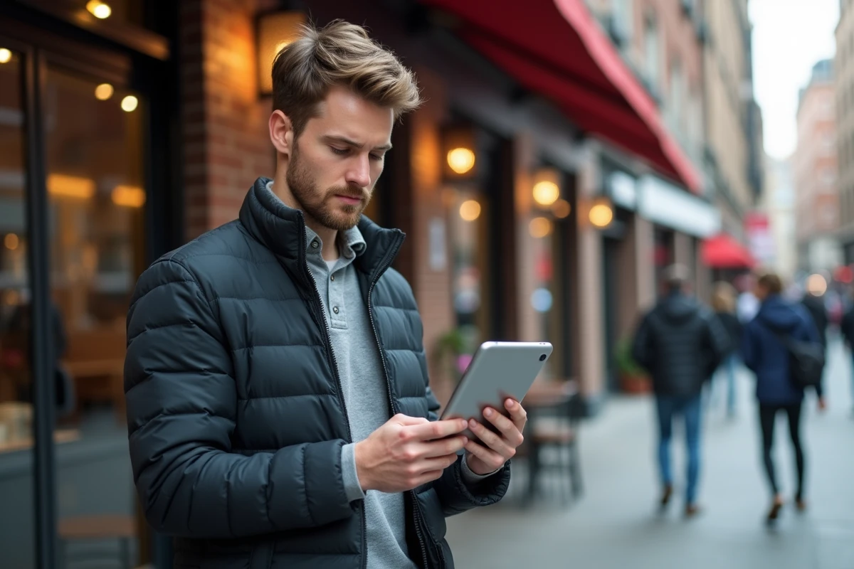 Jeune manager marketing avec tablette en extérieur