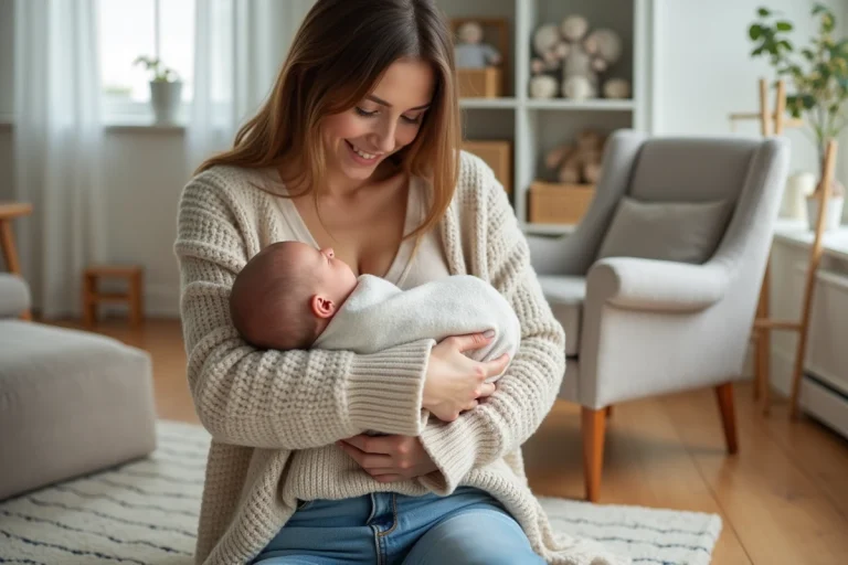 Jeune maman avec son bébé dans un salon lumineux