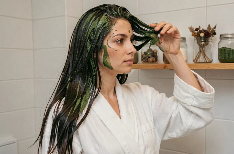 Femme appliquant un masque capillaire à la spiruline en poudre sur ses cheveux longs et brillants dans une salle de bain minimaliste