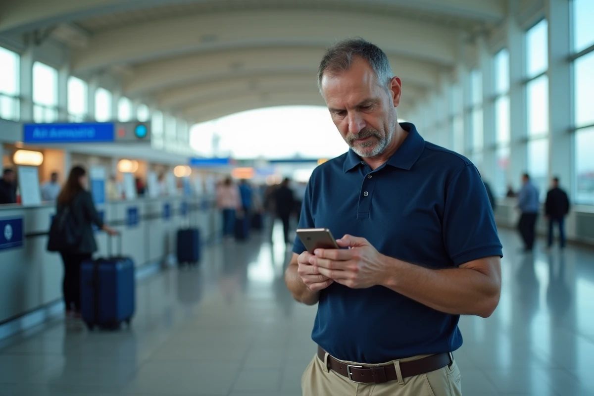 Homme consultant son smartphone pour modifier une réservation de vol Ryanair au comptoir d'enregistrement