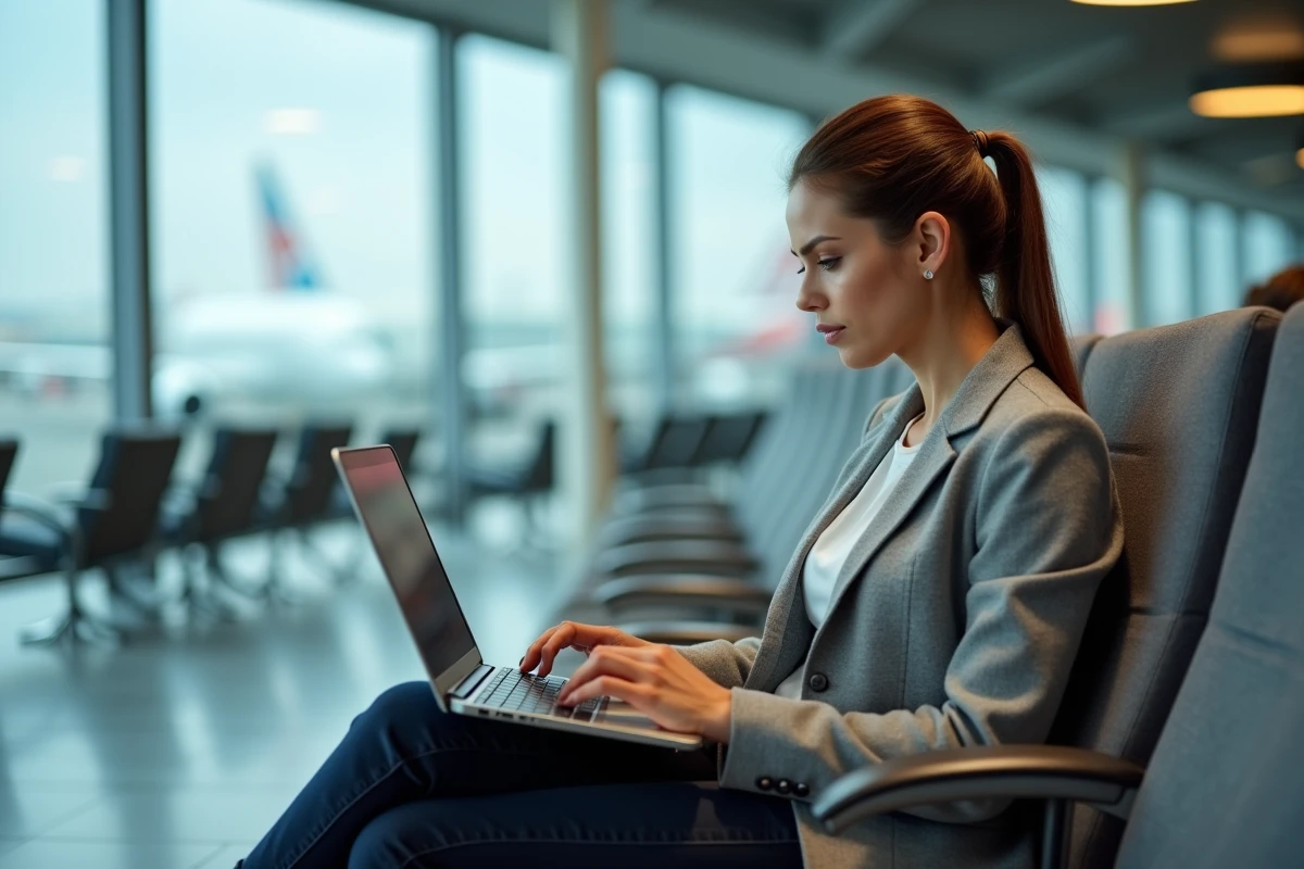 Femme assise dans un aéroport modifiant un billet Ryanair sur son ordinateur portable dans le salon de départ