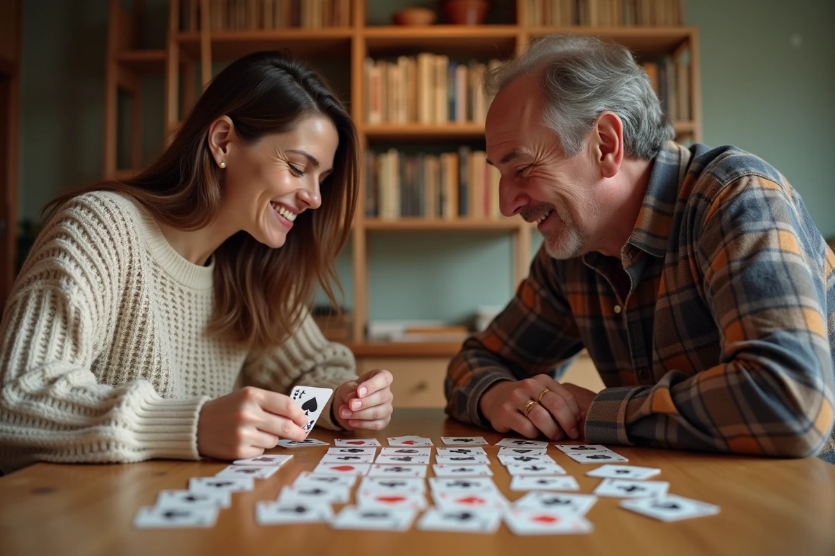 Deux adultes jouant au nain jaune version deux joueurs autour d'une table en bois avec des cartes colorées