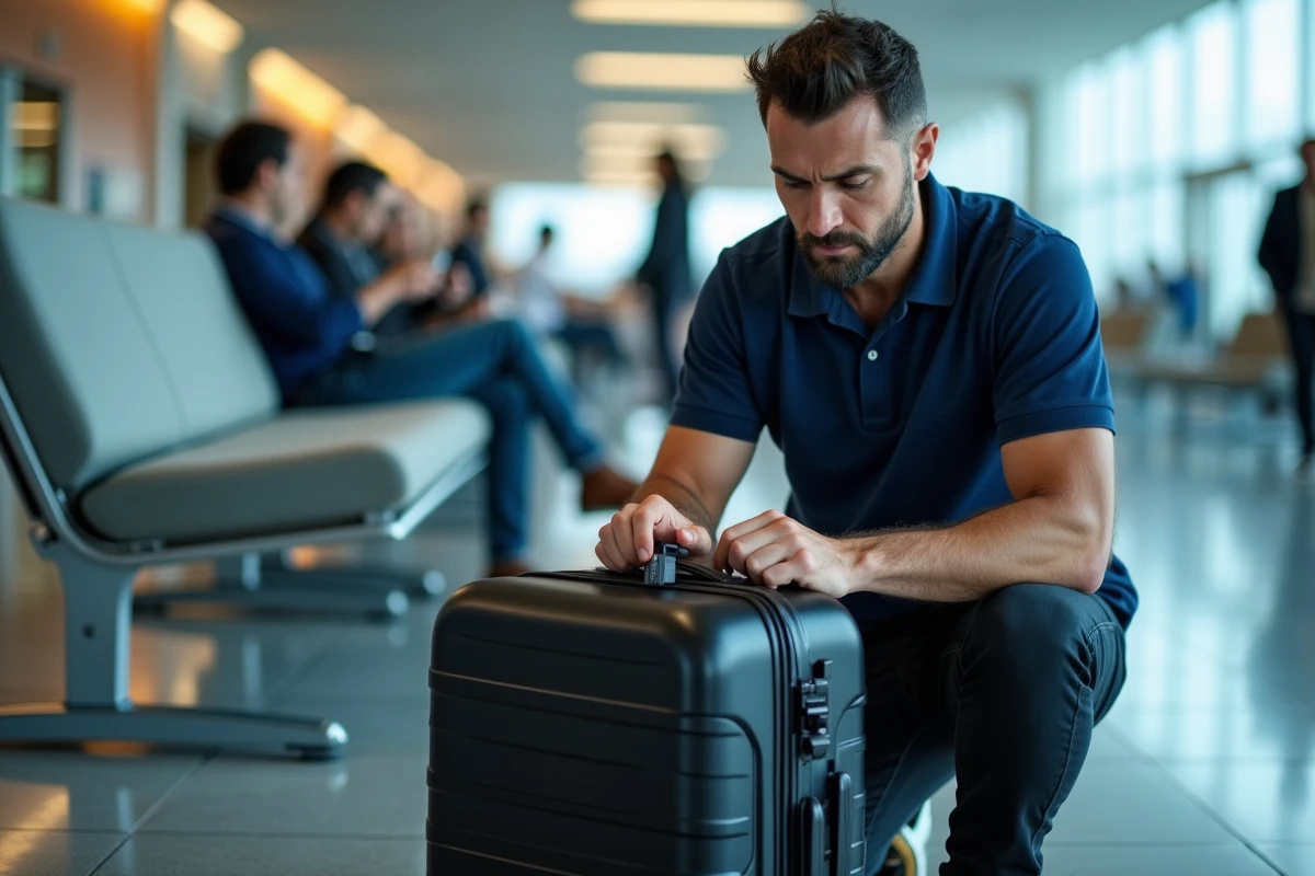 Homme tentant d'ouvrir un cadenas TSA007 oublié sur une valise rigide dans un hall d'aéroport