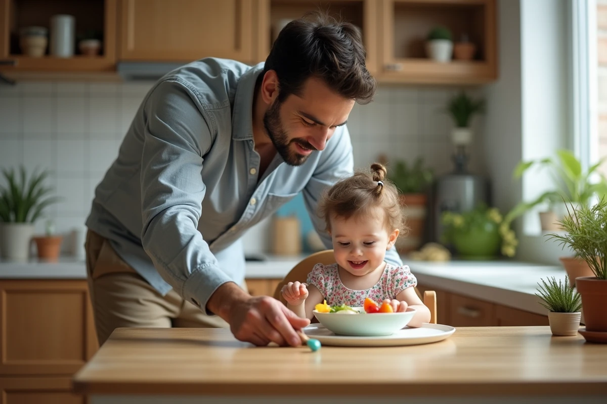 Père aidant sa fille à table dans la cuisine
