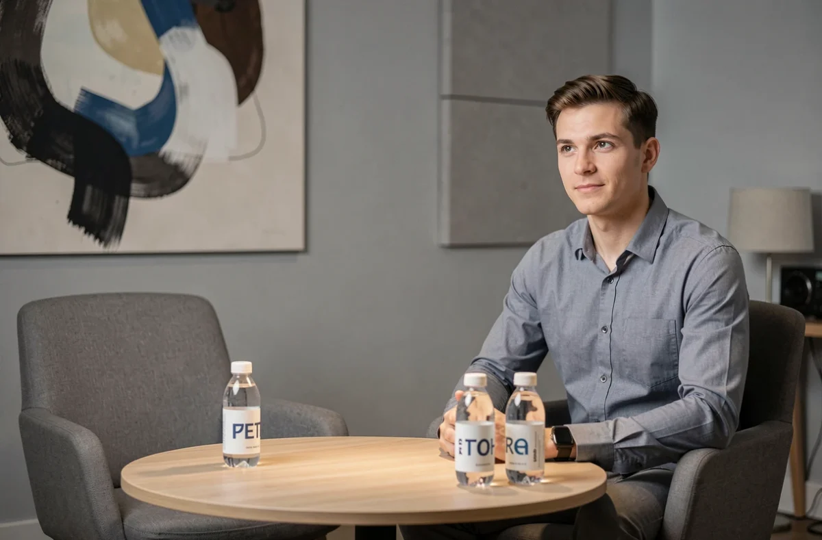 Personnalité YouTube célèbre dont le nom commence par V dans un studio d'interview moderne et épuré