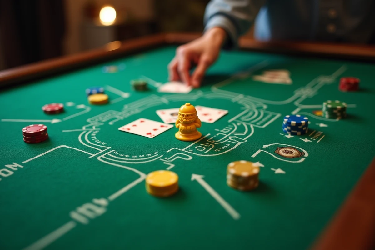 Plateau de jeu du nain jaune vu de dessus avec jetons colorés et cartes à jouer sur feutre vert