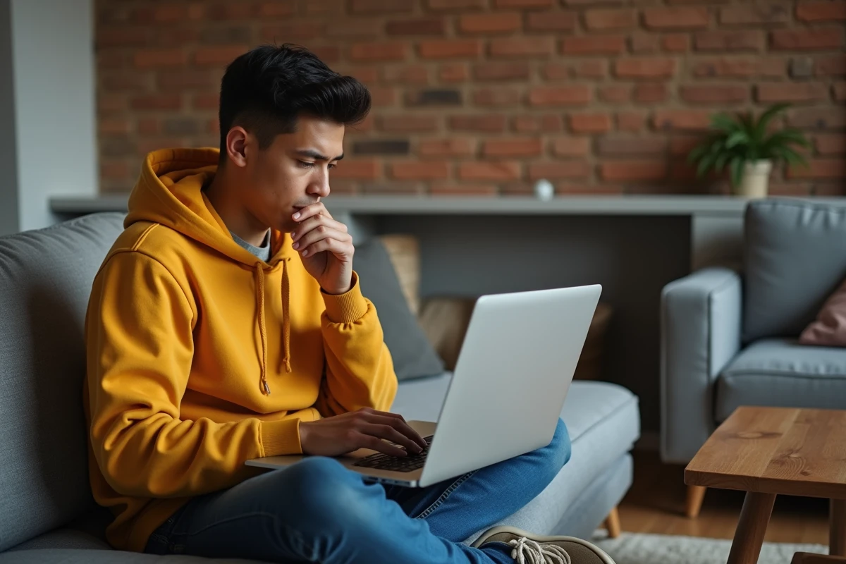 Jeune personne rédigeant un email au service client Avast depuis un salon avec un ordinateur portable