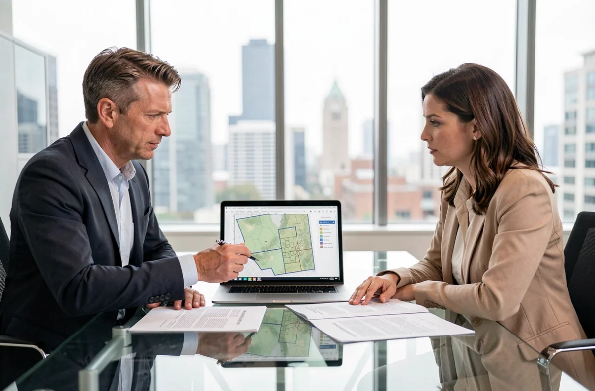 Deux professionnels analysant une carte parcellaire et une revue foncière lors d'une réunion avant investissement immobilier