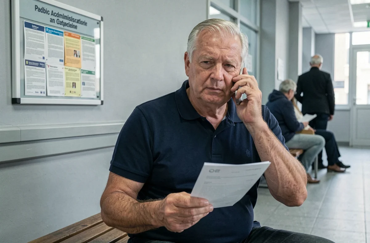 Senior au téléphone dans une salle d'attente administrative pour joindre le service des impôts