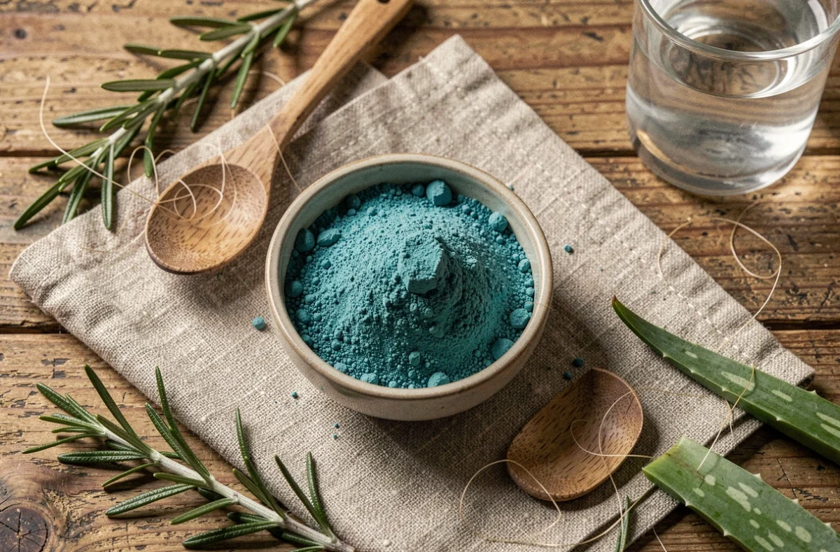 Bol de spiruline en poudre bleu-vert sur un comptoir en bois avec des ingrédients naturels pour un soin capillaire maison