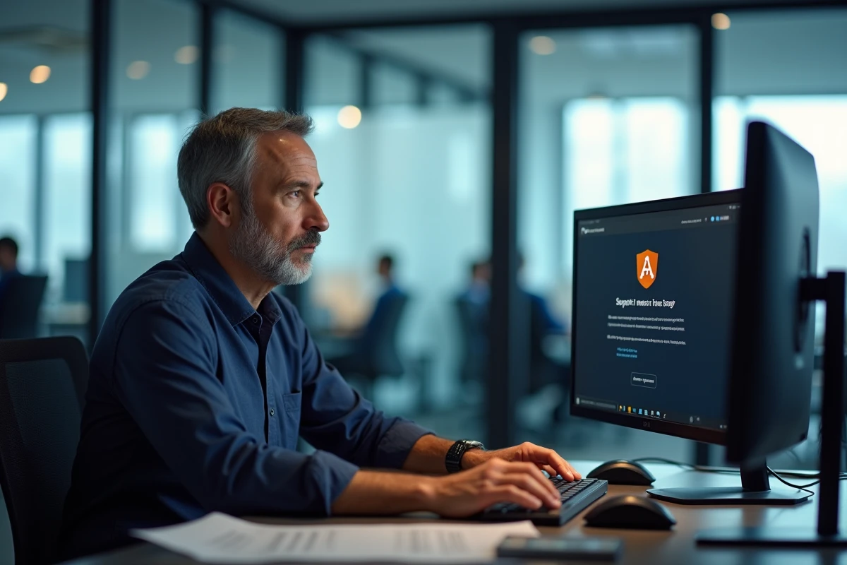Homme en entreprise lisant une réponse du support technique Avast sur un ordinateur de bureau