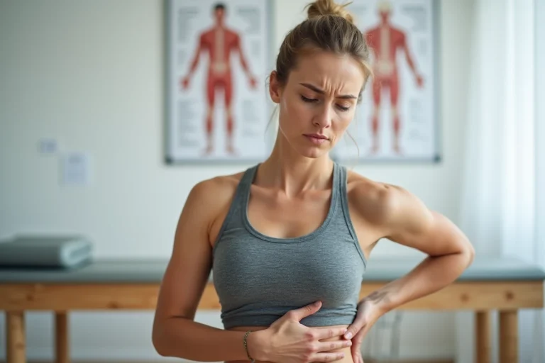 Femme tenant sa cage thoracique inférieure en consultation de physiothérapie, illustrant la douleur liée au syndrome de la côte flottante de Cyriax