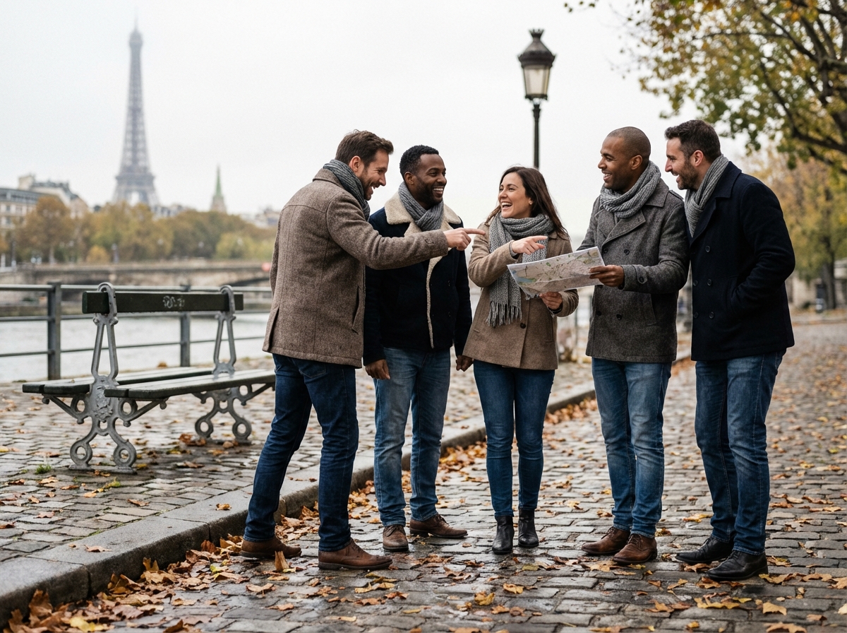 Groupe en extérieur jouant près de la Seine avec la Tour Eiffel en arrière-plan