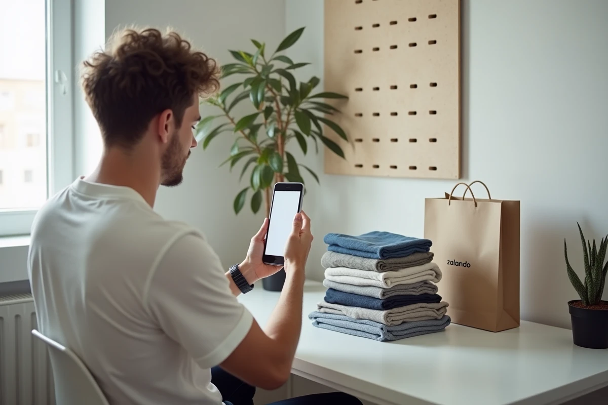 Jeune homme photographiant des vêtements d'occasion avec son smartphone pour les vendre sur Zalando, avec un sac Zalando visible sur le bureau
