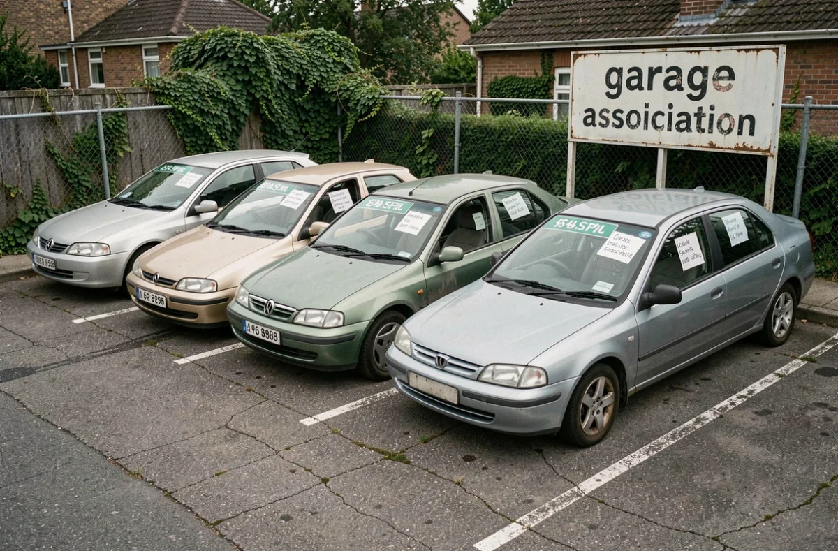 Rangée de voitures d'occasion abordables dans le parking d'un garage solidaire, avec étiquettes de prix sur les pare-brises
