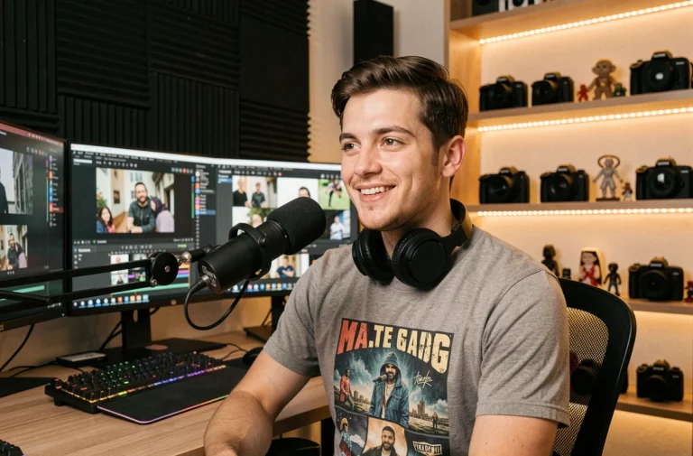 Jeune youtubeur célèbre assis devant son setup de streaming avec microphone et écrans dans un studio home moderne