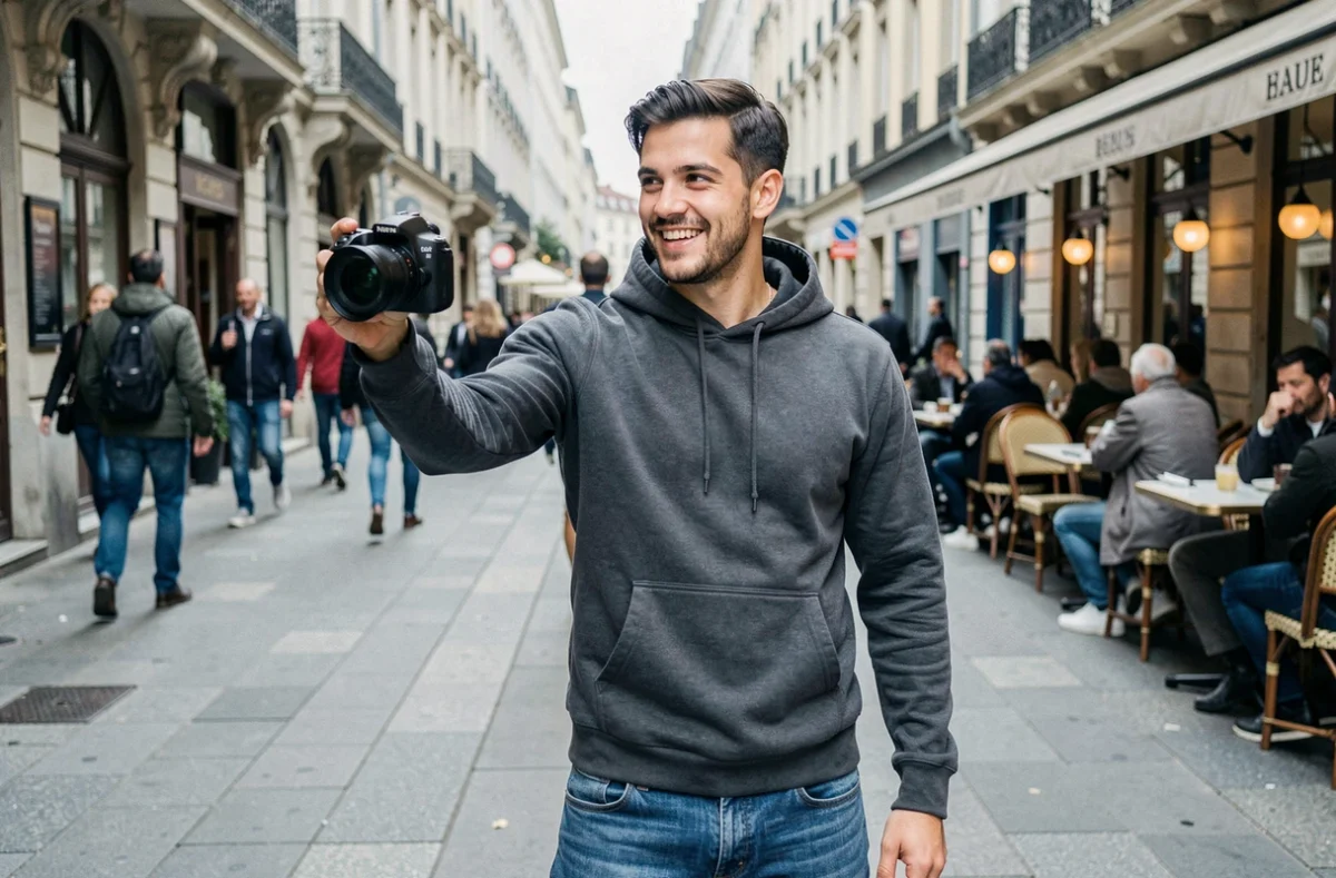 Youtubeur connu filmant un vlog en pleine rue dans une ville européenne avec sa caméra à la main